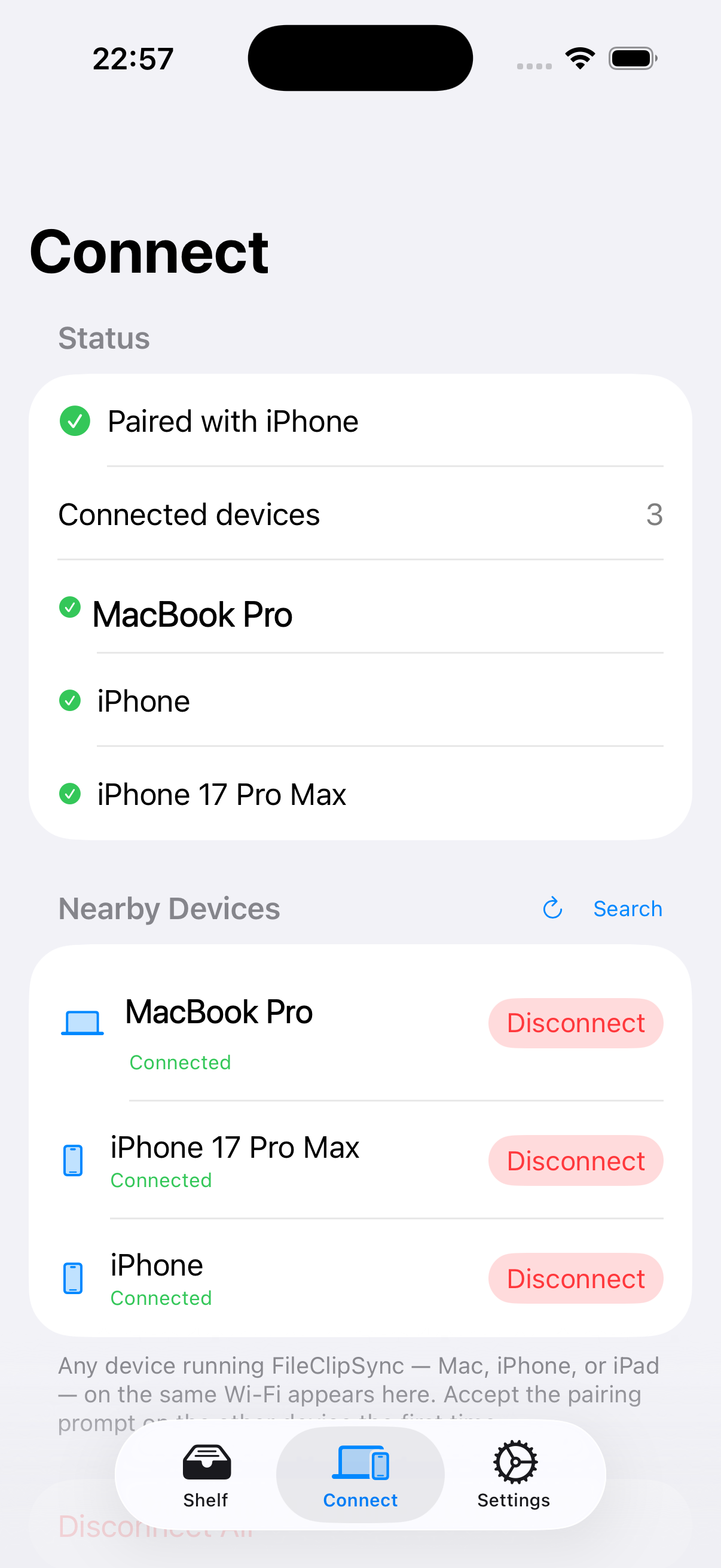 The FileClipSync companion app on iPhone, connected to a Mac and other devices