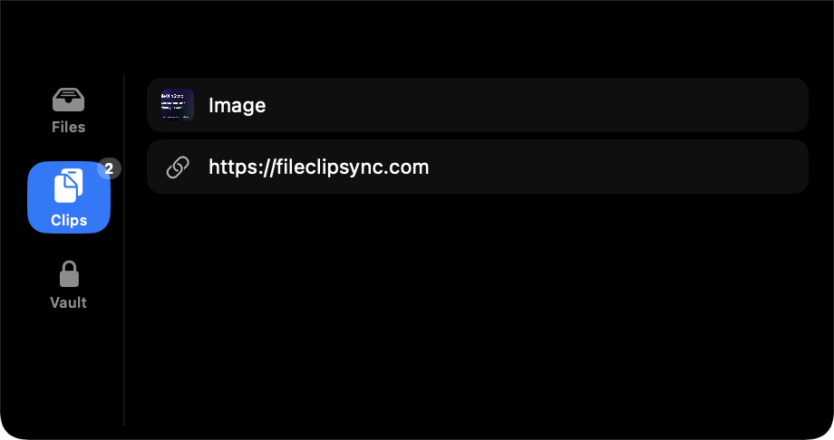 The FileClipSync clipboard history showing a synced image and a link
