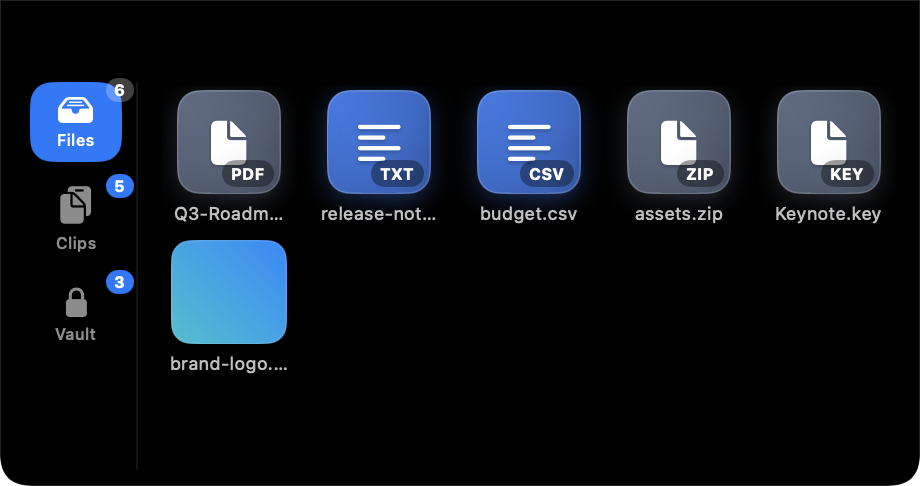 The FileClipSync shelf on macOS, with files dropped into the notch